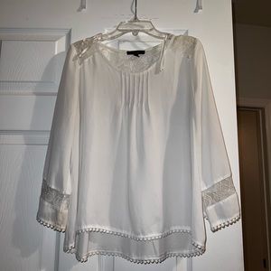 White Sheer Long Sleeve Blouse with Lace and Trim - Size M 🤍